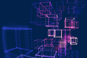 Abstract digital illustration of interconnected 3D cubes in varying sizes, glowing with pink and purple hues against a dark blue background, representing AI opportunities in mobile apps.