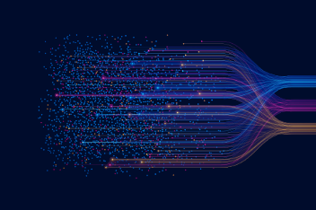Digital abstract design with colorful lines and dots flowing toward the right on a dark blue background, symbolizing motion and data transfer.