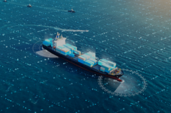 Cargo ship with digital overlays, showing Agentic AI revolutionizing supply chains with predictive, autonomous logistics.