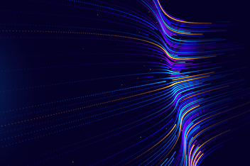 Abstract digital data streams in blue and purple flowing across dark background, representing modern ETL processes and data transformation frameworks for optimized data pipeline performance and analytics workflow automation.