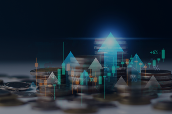 Stacks of coins with digital arrows and percentage indicators, symbolizing growth, autonomous customer experience, and advanced analytics in banking, finance, and insurance for the 2025 Success Playbook.